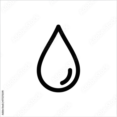 Minimalist black line art icon of a water droplet with a simple curved highlight.