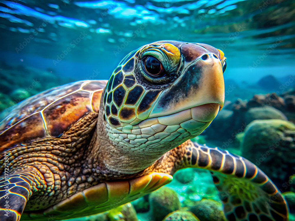 Obraz premium Stunning Sea Turtle Portrait in Crystal Clear Ocean Waters