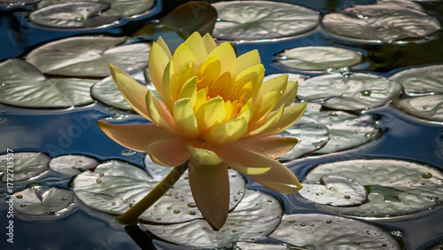 Fotografía Beautiful yellow water lily blooms on serene pond surrounded by green leaves in