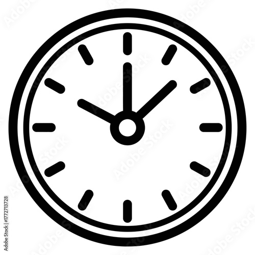 Minimalist black outline clock icon with hour and minute hands, showing time on a circular face.