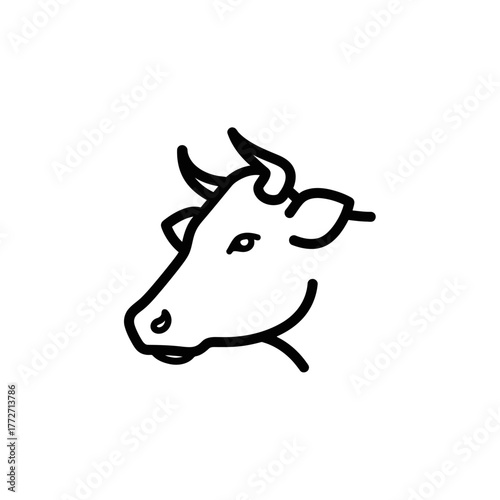 Minimalist Black Outline Cow Head Icon with Horns, Simple Vector Graphic Illustration.