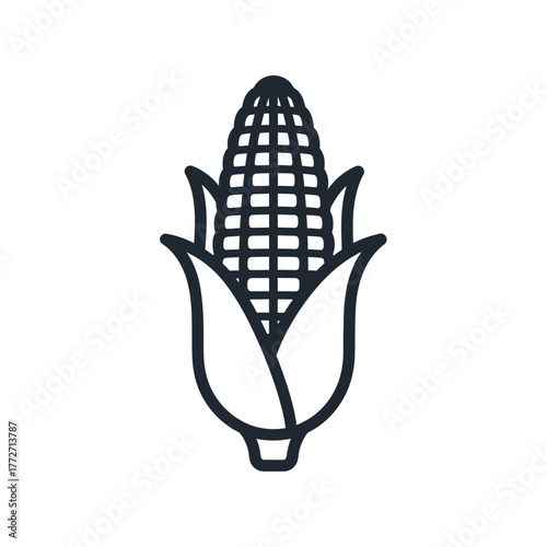 Minimalist black outline corn cob icon, featuring a grid pattern of kernels and partially open husks.