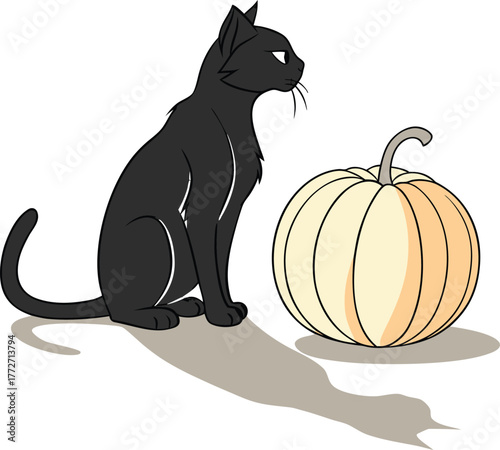 Mysterious black cat sits beside illuminated pumpkin in spooky autumn night scene isolated on transparent background