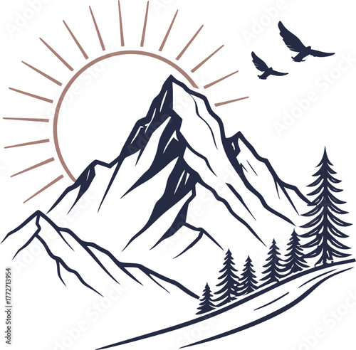 Majestic mountain sunrise with pine trees and flying birds symbolizing adventure and nature isolated on transparent background