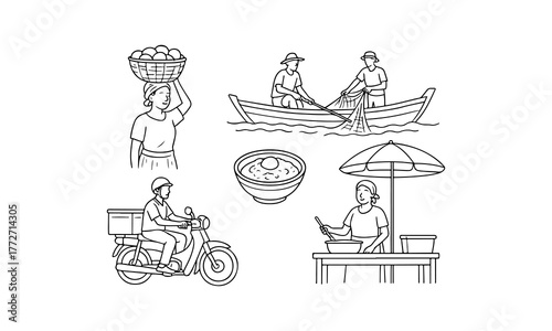 Collection of vintage line art illustrations of daily life scenes