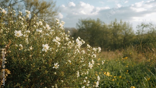 Blooming white flowers on lush green shrub in spring, symbolizing seasonal change
