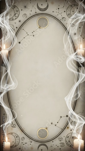 Warm candlelight illuminates a mystical background adorned with celestial symbols. Swirling smoke adds a magical touch, inviting contemplation and inspiration in a serene setting