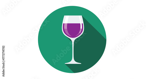 A minimalist flat design illustration of a purple wine glass within a circular teal background, featuring a stylish long shadow for a contemporary feel.