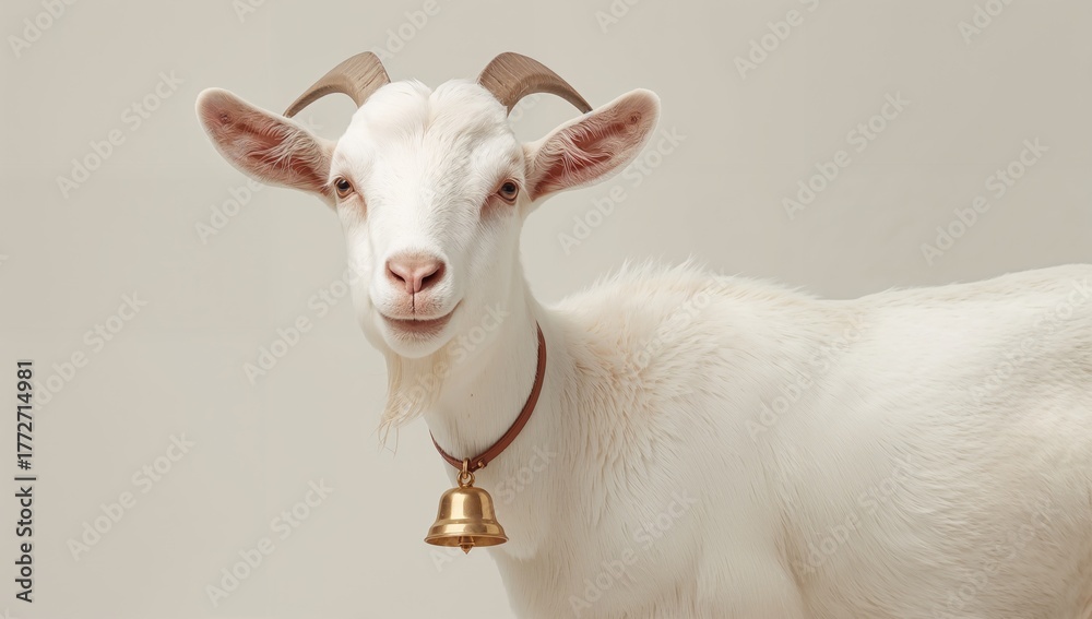 Fototapeta premium Bell-Wearing White Goat on a Plain Background