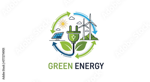 A circular graphic illustrating green energy, featuring solar panels, wind turbines, and an electric plug with leaves, symbolizing sustainable and renewable power.