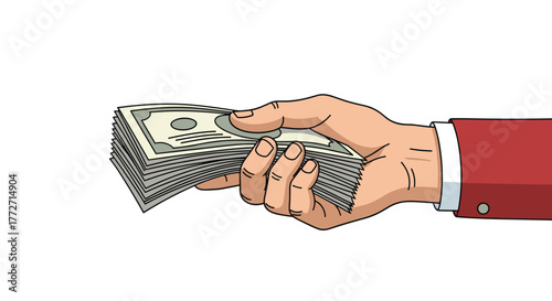 A person's hand in a red suit sleeve is holding a thick stack of United States dollar bills, suggesting financial transaction or wealth.