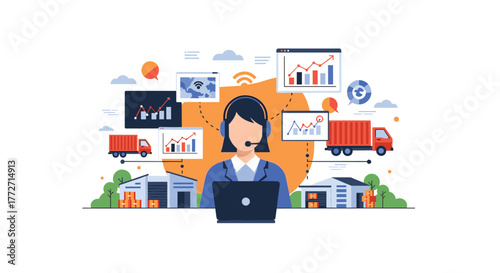 A woman oversees a complex logistics and supply chain system, leveraging technology, data analysis, and efficient communication for optimal distribution.