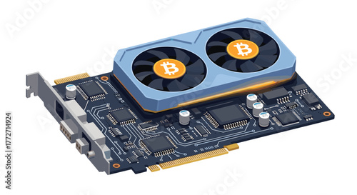 A detailed illustration of a graphics processing unit (GPU) with Bitcoin logos on its cooling fans, symbolizing cryptocurrency mining and digital finance.