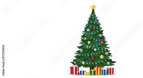 A festive green Christmas tree, beautifully adorned with a golden star, colorful lights, ornaments, and surrounded by wrapped gifts, isolated on white.