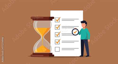 Illustrated concept of effective time management and task completion, featuring a man, a checklist with checked items, and an hourglass.