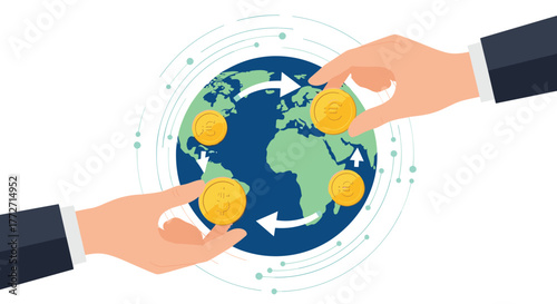 International money transfer concept with hands exchanging coins over a globe, symbolizing global financial flow and remittances.
