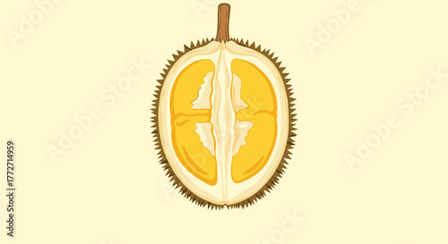 An exotic durian fruit is precisely cut in half, showcasing its distinctive vibrant yellow, creamy pulp and visible seeds, centered on a light yellow background, ready to be enjoyed.