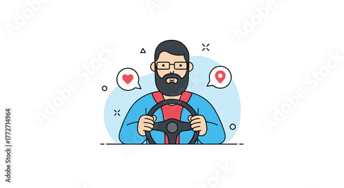 An illustrated bearded man wearing glasses is driving a vehicle, with thought bubbles indicating love for a destination.
