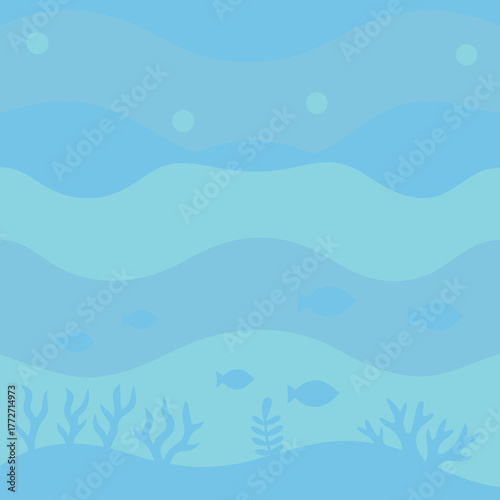 Blue underwater background with waves, bubbles, fishes, and plants blue