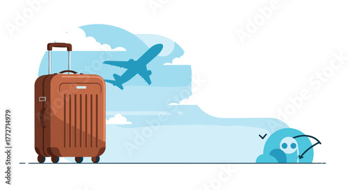 A brown suitcase stands ready for travel as a blue airplane flies above a cloudy sky, representing global adventures and vacation planning.