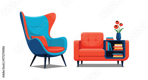 Colorful modern furniture set including an armchair and a sofa with an integrated bookshelf, adorned with flowers.
