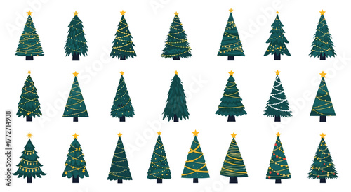 A collection of various stylized Christmas trees, decorated with golden and white lights and topped with a star, perfect for holiday designs.
