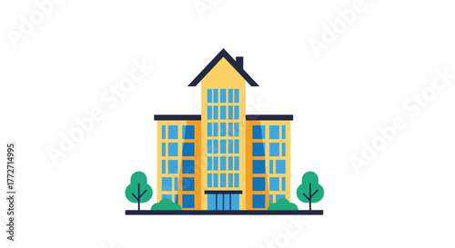 Modern flat illustration of a multi-story building with a peaked roof, surrounded by green trees and bushes, on a white background.