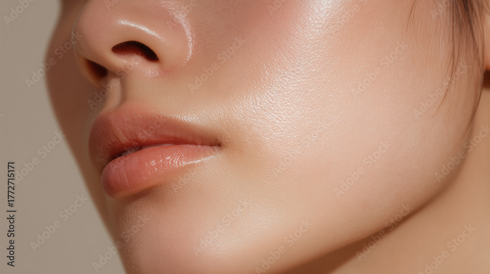 Obraz premium Smooth female cheekbone, close up of asian woman face with glowing skin, natural makeup, healthy complexion, soft lips, beauty and skincare concept, serene expression