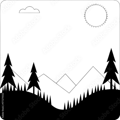 Minimalist mountain landscape with trees, sun and cloud illustration minimalist