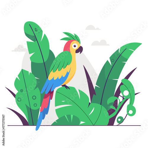 Cartoon parrot illustration amidst tropical leaves and cloudy sky background