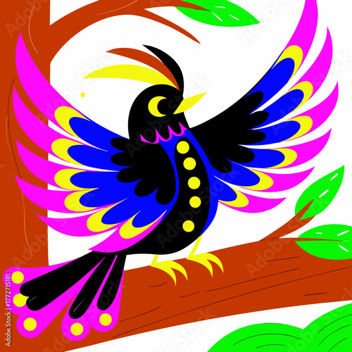 Colorful stylized bird in a tree branch illustration art colorful