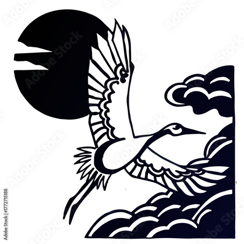 Crane flying in the night with moon and clouds illustration
