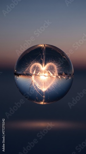 A stunning crystal ball captures the reflection of a glowing heart, set against a breathtaking sunset with hues of orange and purple. The scene is calm and enchanting