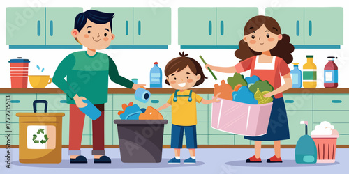 Family sorting trash in kitchen and teaching recycling to child  
