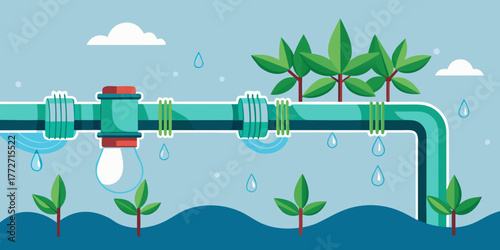 Drip irrigation system watering young plants with water droplets  