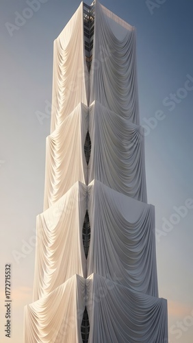 A striking tall structure is covered in flowing white fabric, creating an ethereal appearance against a warm sunset sky. The soft drapes emphasize the building's unique design and height