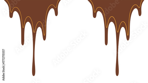 Melted chocolate or syrup drips isolated on a white background. Flowing liquid chocolate border element. A sweet brown syrup or sauce that melts and drips.