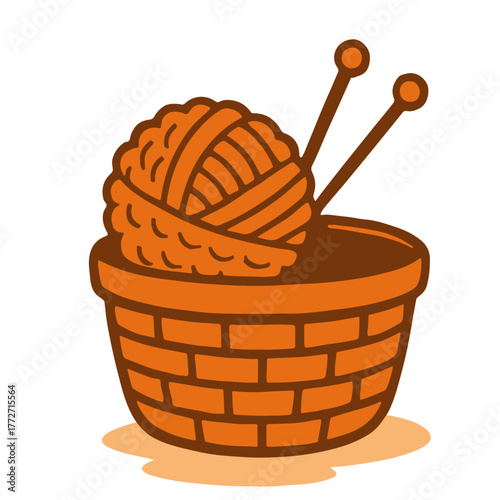 Autumn flat vector illustration of yarn ball with knitting needles in basket, cozy seasonal design