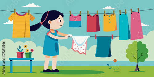 Young girl hanging wet clothes on a line in sunny outdoor setting  