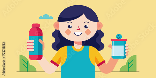 Girl smiling while holding reusable water bottle and container 