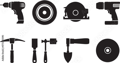 Collection of Handyman Power Tools and Gardening Equipment Silhouette Icons Representing Construction and DIY Projects