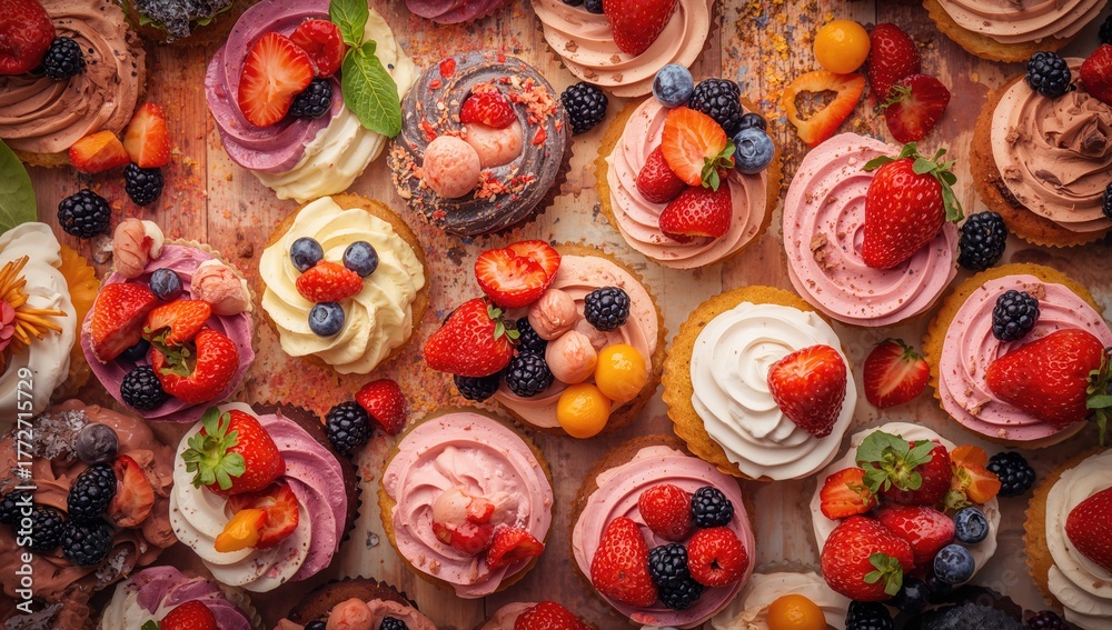 Fototapeta premium Overhead shot of berry-topped cupcakes with creamy frosting for festive occasions