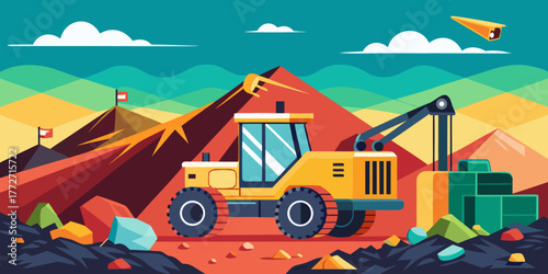 Bulldozer working on a landfill with colorful mountains in the background  