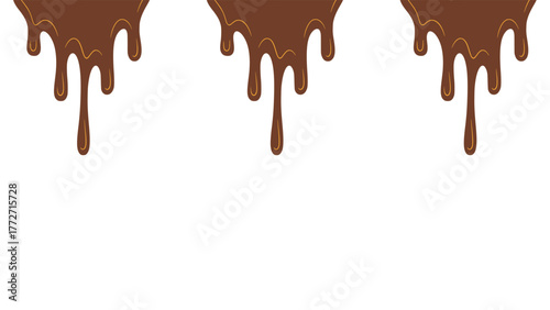 Melted chocolate or syrup drips isolated on a white background. Flowing liquid chocolate border element. A sweet brown syrup or sauce that melts and drips.