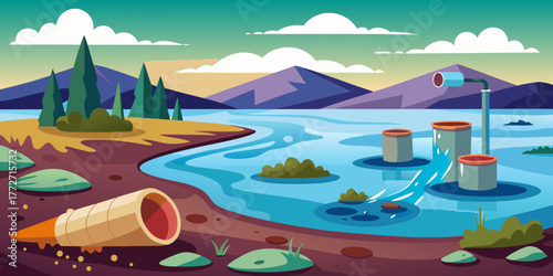 Illustrative depiction of lake pollution with waste and pipes  