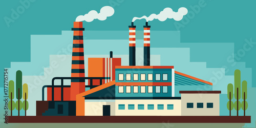 Industrial factory with smokestacks and trees in modern style  