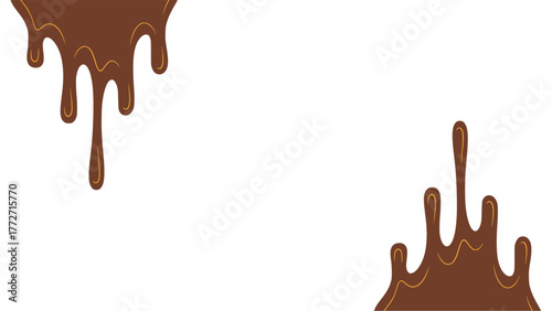 Melted chocolate or syrup drips isolated on a white background. Flowing liquid chocolate border element. A sweet brown syrup or sauce that melts and drips.