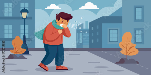 Man coughing while walking on sidewalk in urban setting during autumn  