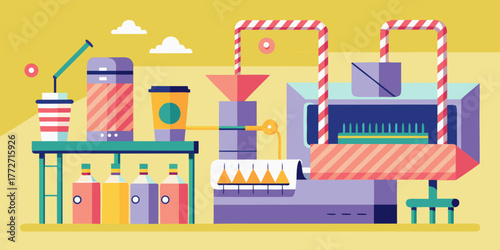 Paper straw production process in colorful modern factory setting  