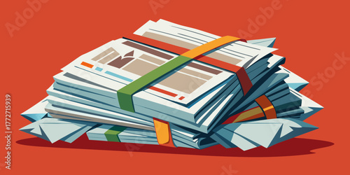 Pile of newspapers tied with colored ribbons on orange background  